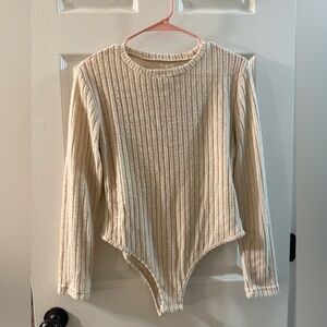 Cream Ribbed Long Sleeve Bodysuit